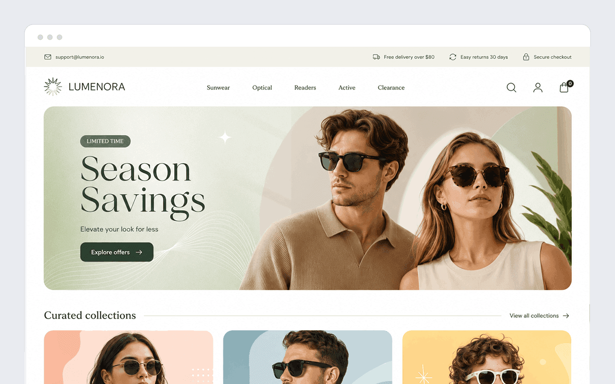 An online eyewear store offering designer sunglasses, prescription glasses, reading glasses, and sports eyewear from premium brands.