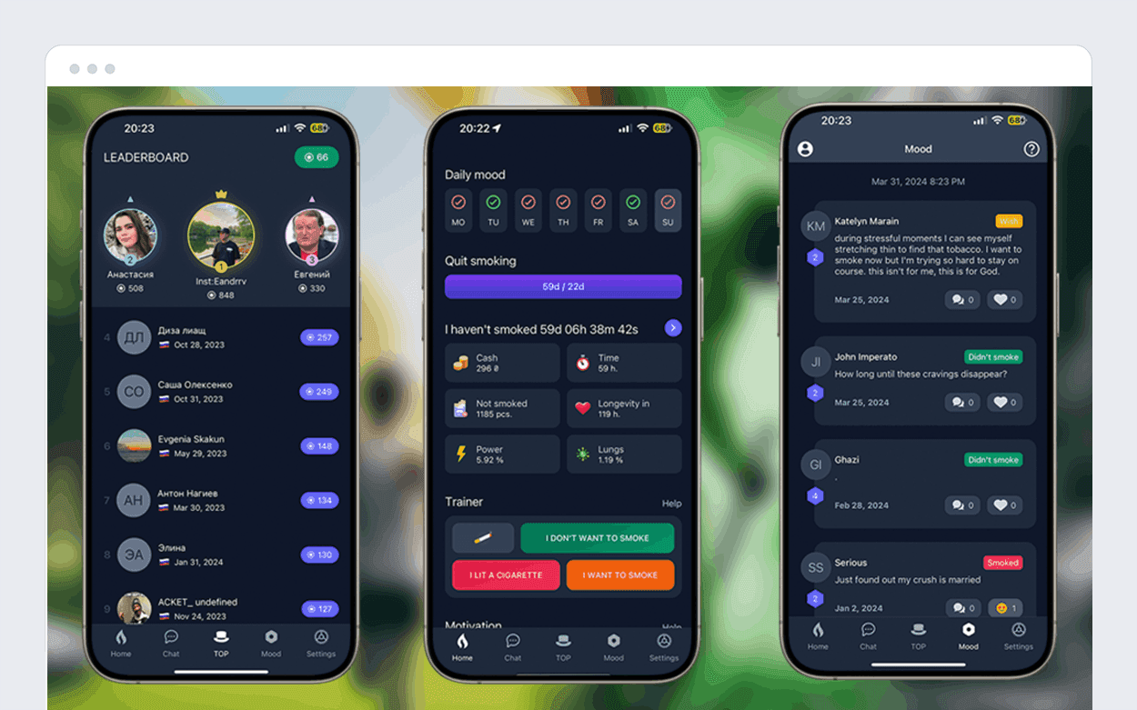 A quit-smoking app with progress tracking, real-time support from friends or family, motivation features, and community challenges.