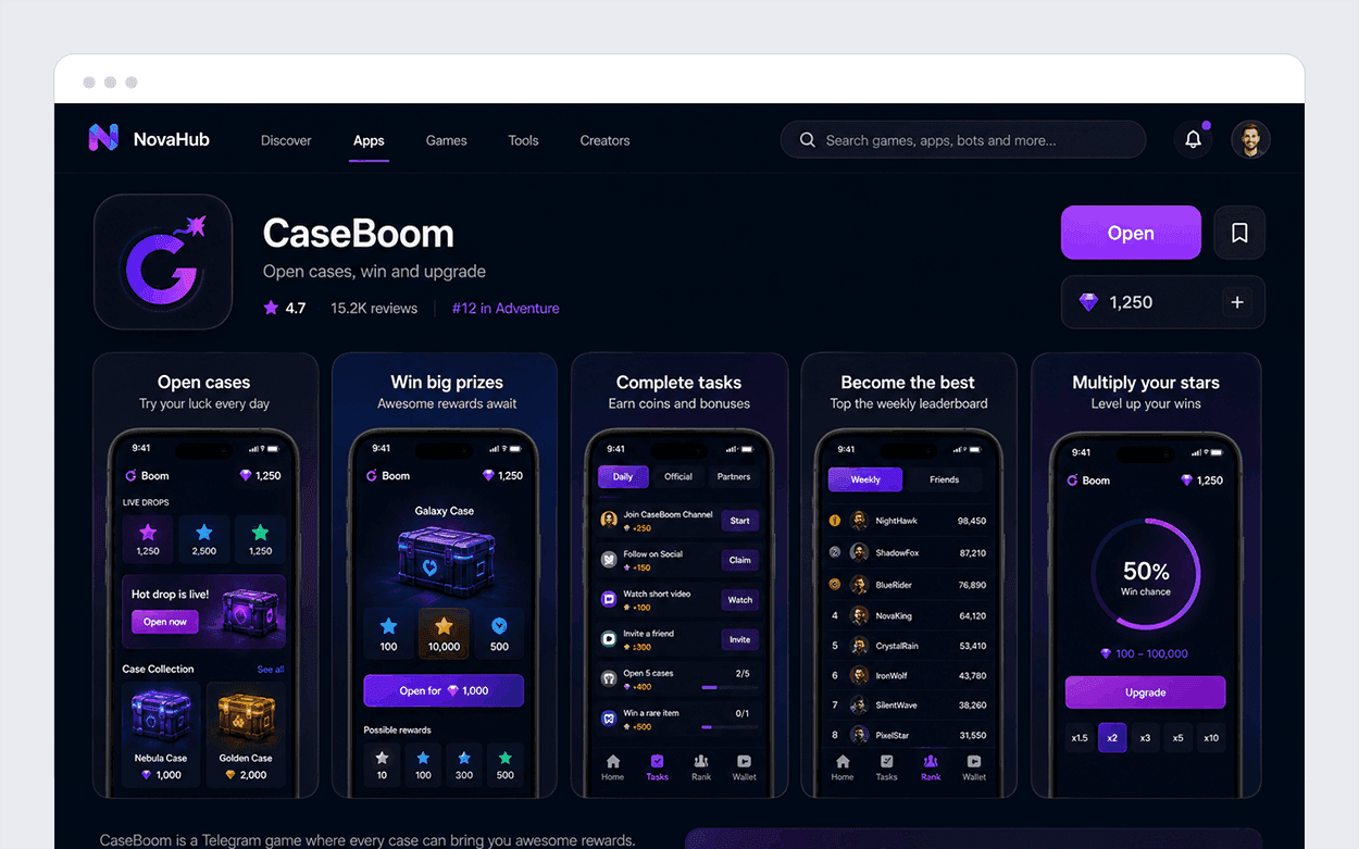A discovery platform for Telegram Mini Apps, games, Web3 applications, utilities, and play-to-earn experiences.
